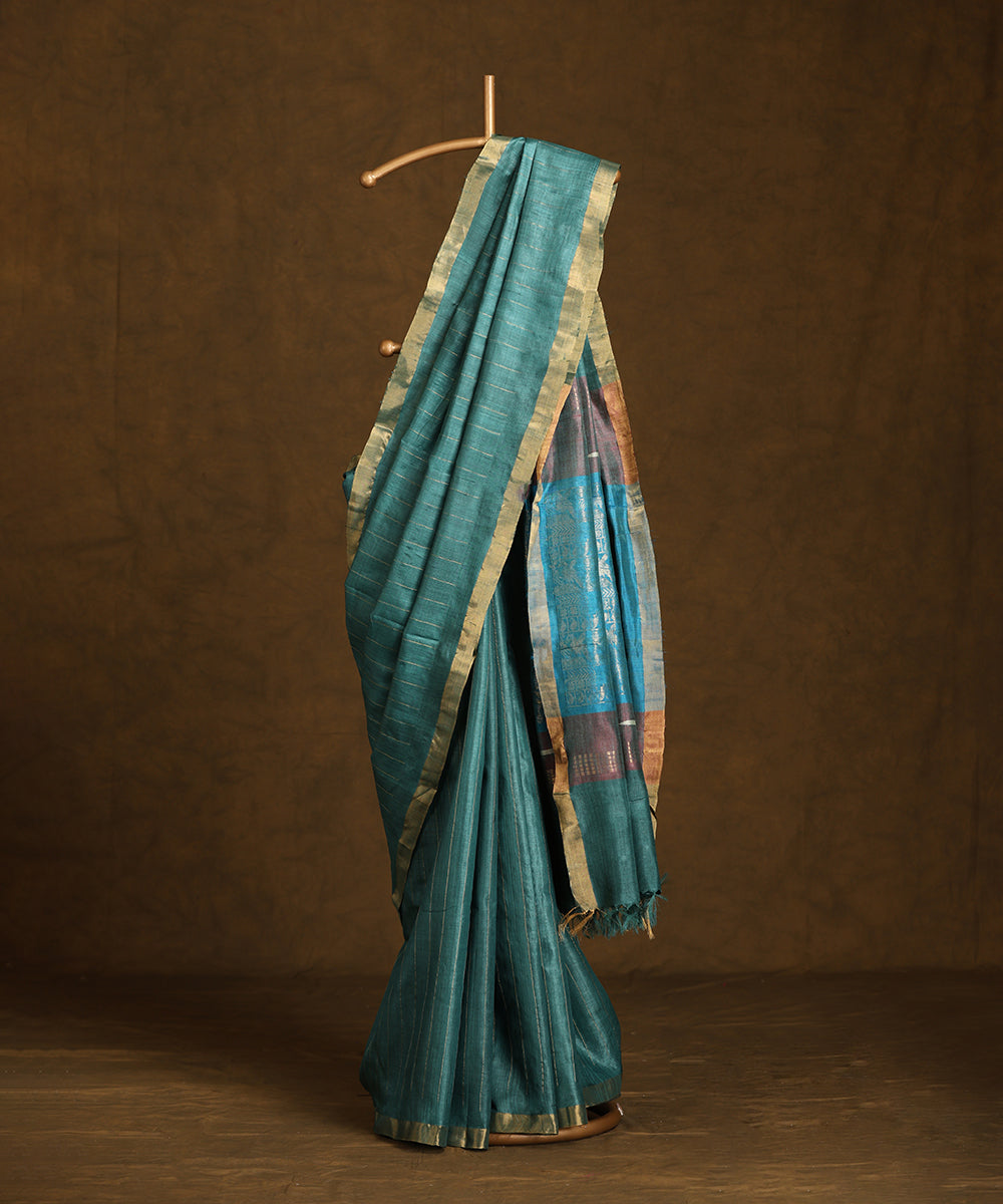 Blue_Handloom_Pure_Kosa_Silk_Saree_With_Zari_Stripes_And_Border_WeaverStory_01