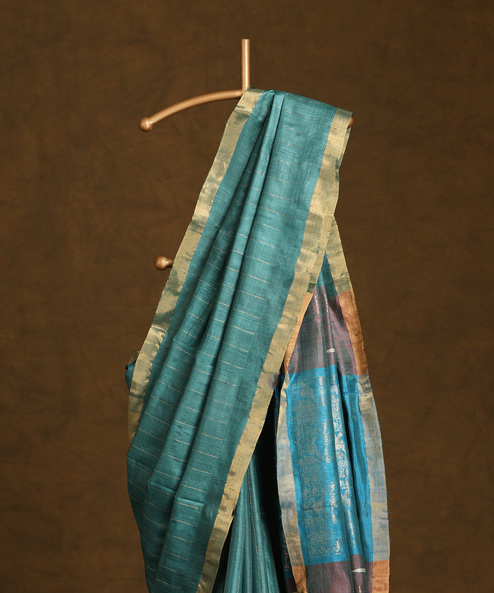 Blue_Handloom_Pure_Kosa_Silk_Saree_With_Zari_Stripes_And_Border_WeaverStory_02