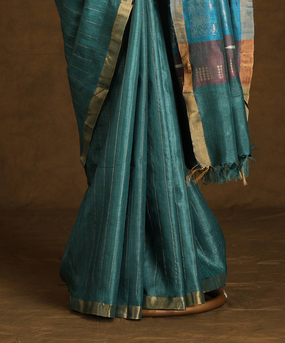 Blue_Handloom_Pure_Kosa_Silk_Saree_With_Zari_Stripes_And_Border_WeaverStory_03