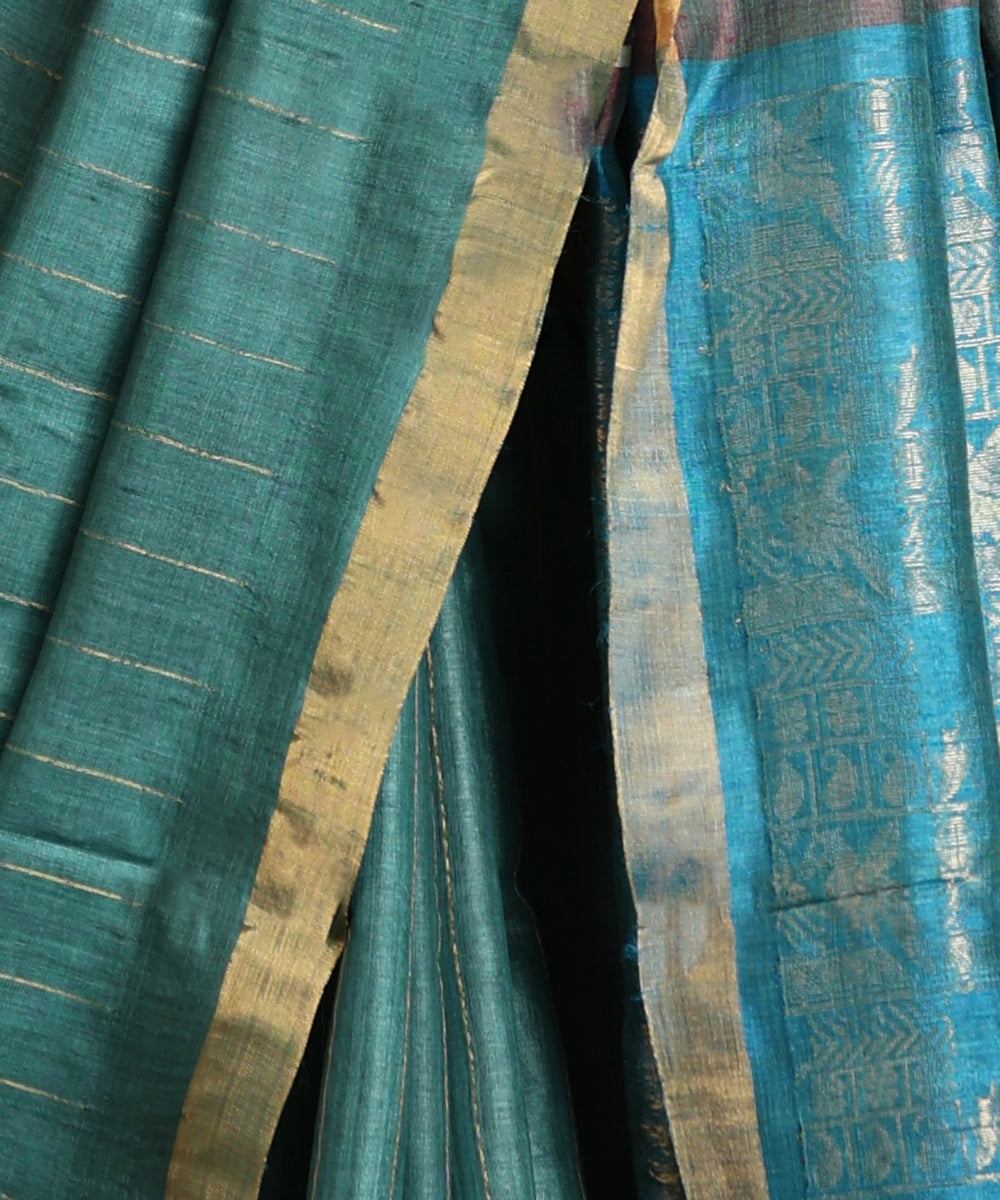 Blue_Handloom_Pure_Kosa_Silk_Saree_With_Zari_Stripes_And_Border_WeaverStory_04