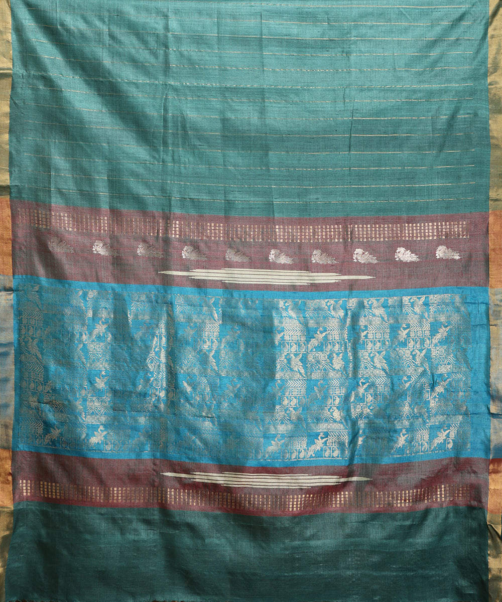 Blue_Handloom_Pure_Kosa_Silk_Saree_With_Zari_Stripes_And_Border_WeaverStory_05