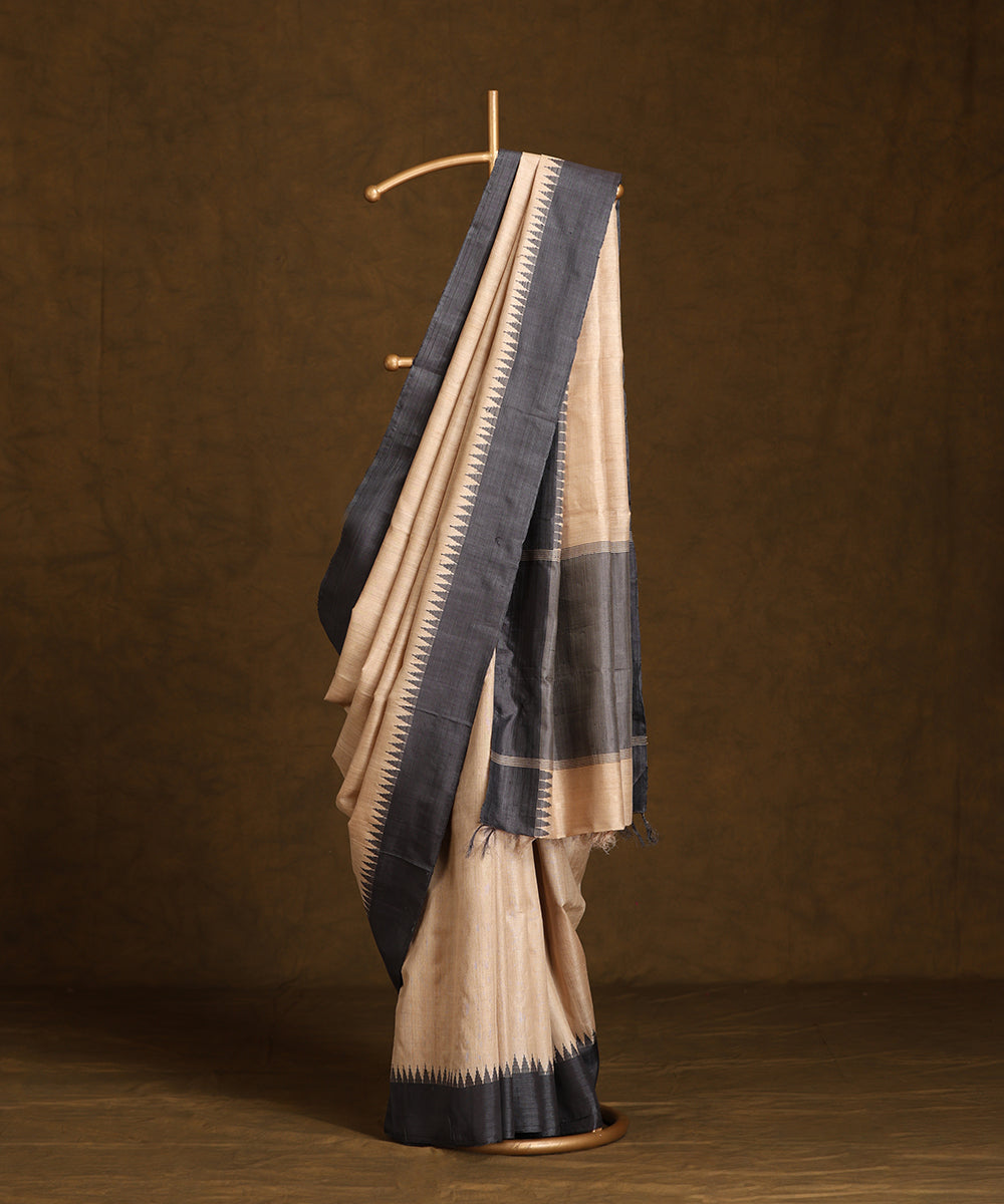 Beige_Handloom_Pure_Kosa_Silk_Saree_With_Grey_Temple_Border_WeaverStory_01