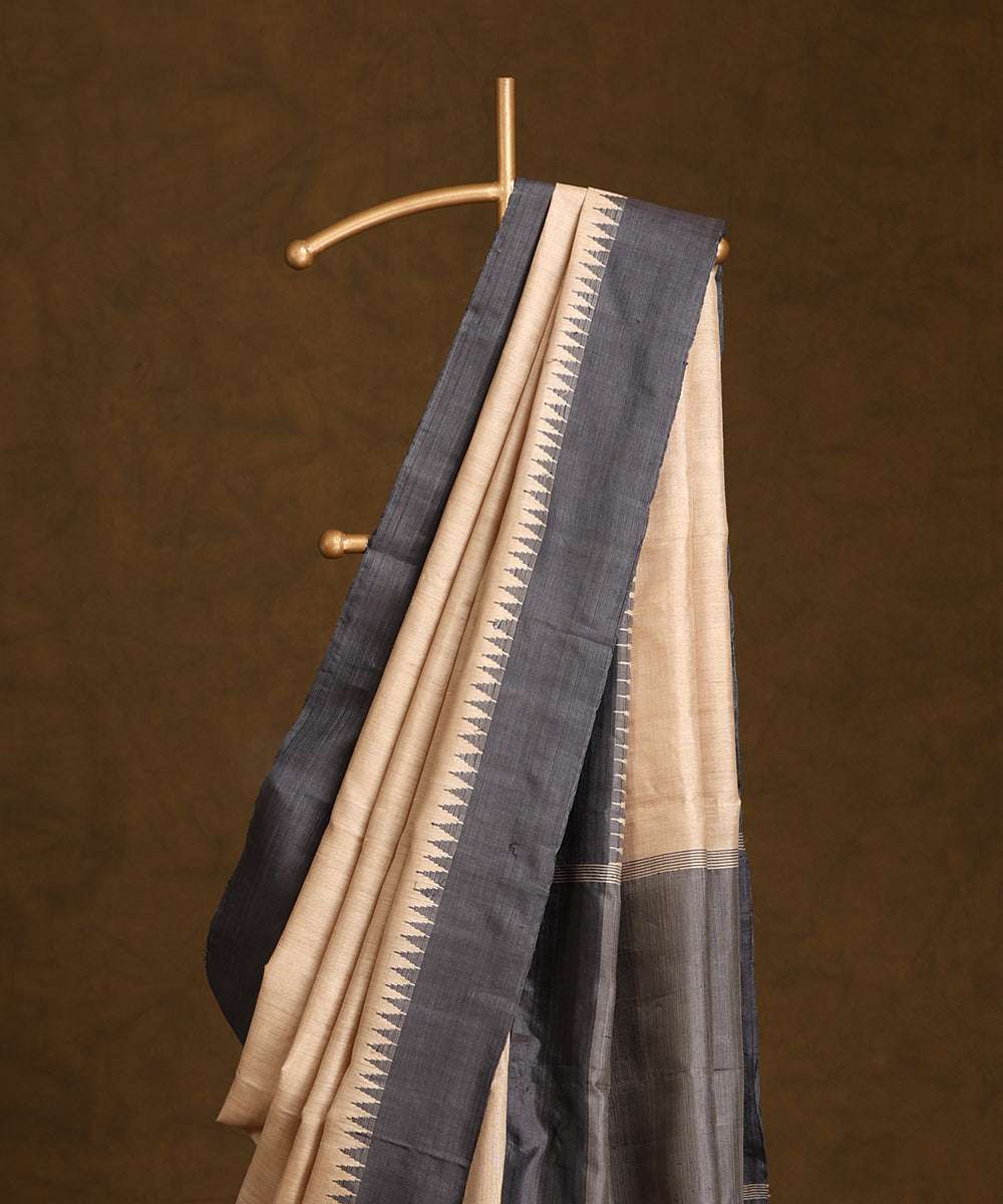 Beige_Handloom_Pure_Kosa_Silk_Saree_With_Grey_Temple_Border_WeaverStory_02