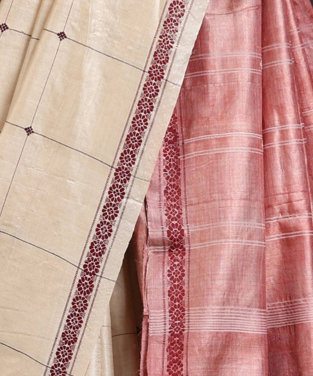 Offwhite_Handloom_Pure_Kosa_Silk_Saree_With_Check_And_Floral_Motif_Border_WeaverStory_04