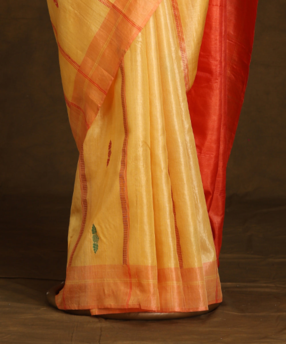 Ocher_Yellow_Handloom_Pure_Kosa_Silk_Striped_Saree_With_Rust_Border_WeaverStory_03