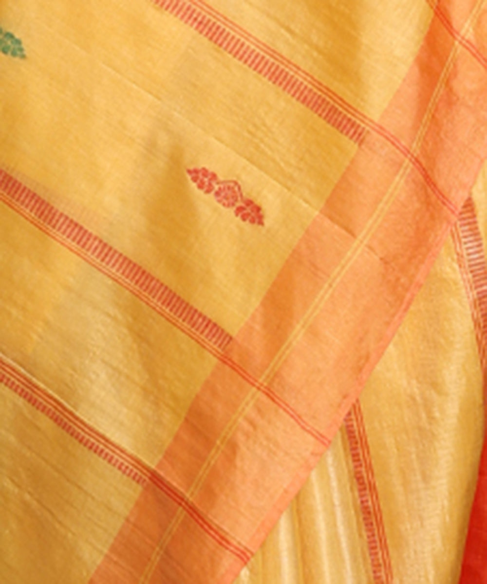 Ocher_Yellow_Handloom_Pure_Kosa_Silk_Striped_Saree_With_Rust_Border_WeaverStory_04