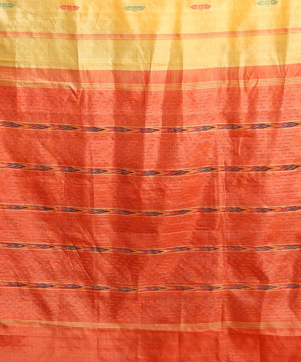 Ocher_Yellow_Handloom_Pure_Kosa_Silk_Striped_Saree_With_Rust_Border_WeaverStory_05