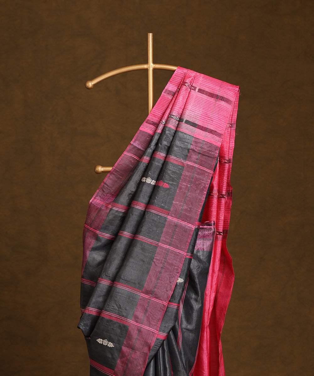 Dark_Grey_And_Pink_Handloom_Pure_Kosa_Silk_Striped_Saree_WeaverStory_02