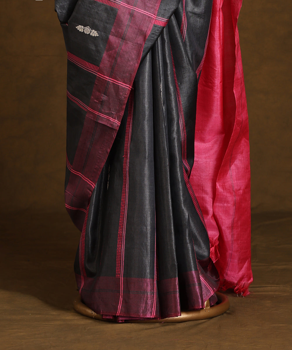 Dark_Grey_And_Pink_Handloom_Pure_Kosa_Silk_Striped_Saree_WeaverStory_03
