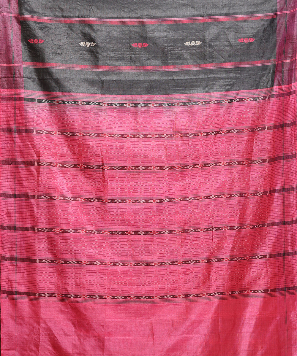Dark_Grey_And_Pink_Handloom_Pure_Kosa_Silk_Striped_Saree_WeaverStory_05