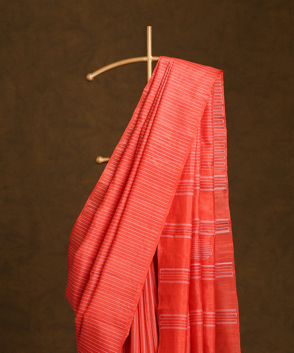 Deep_Orange_Handloom_Pure_Kosa_Silk_Striped_Saree_WeaverStory_02