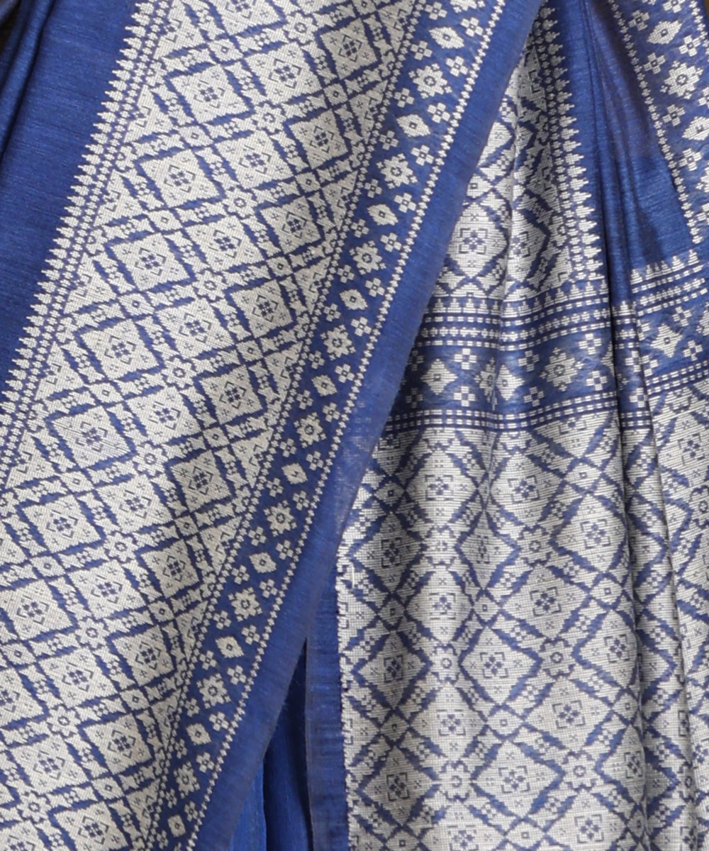 Blue_Handloom_Pure_Kosa_Silk_Saree_With_Thick_Geometrical_Border_WeaverStory_04
