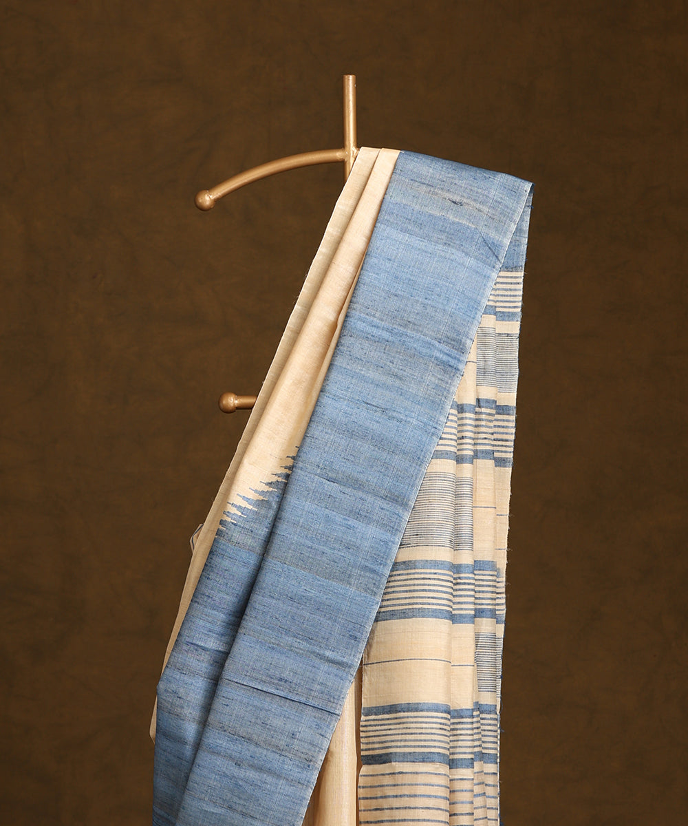 Handloom_Beige_Pure_Kosa_Silk_Saree_With_Blue_Border_WeaverStory_02