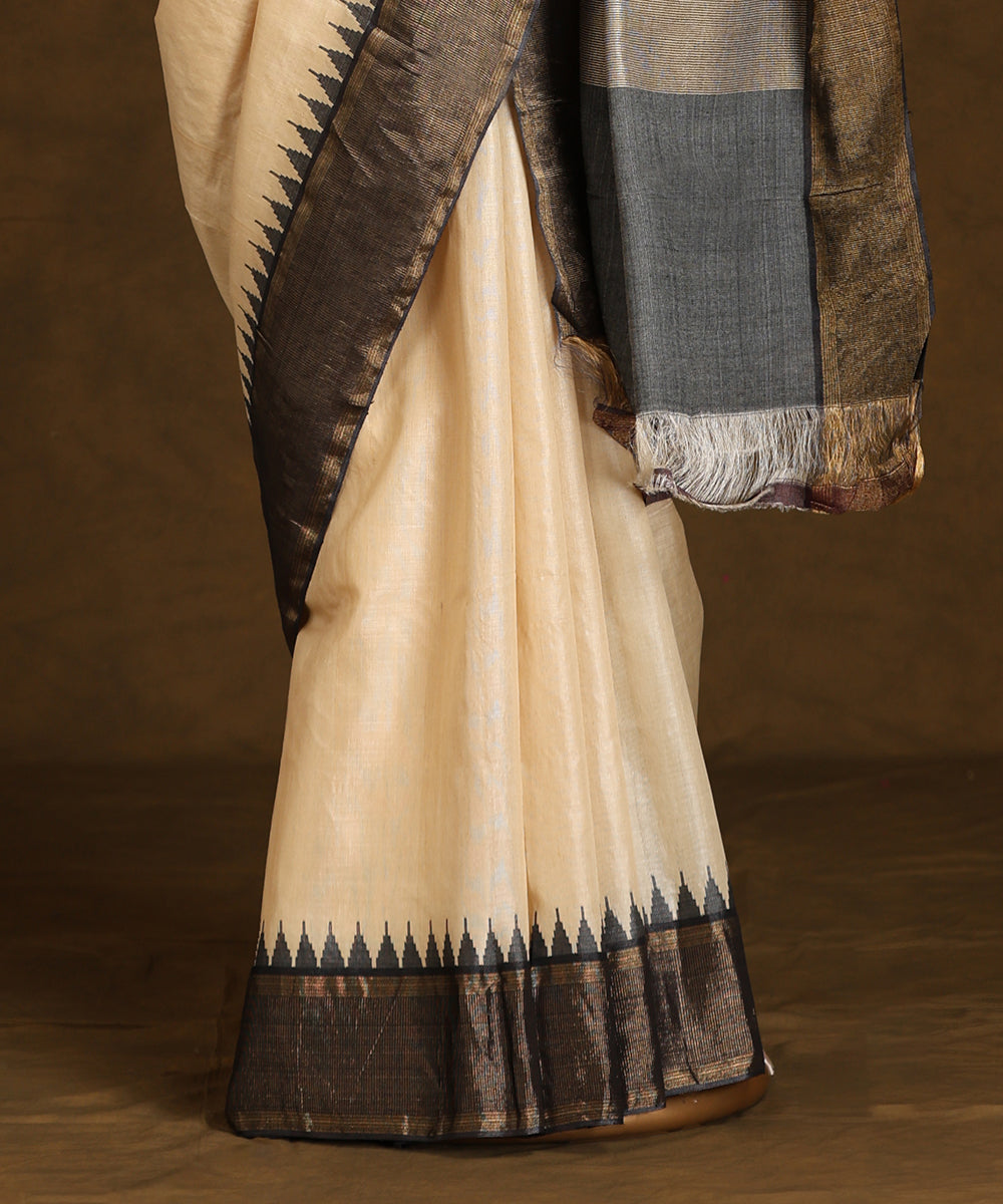 Handloom_Beige_Pure_Kosa_Silk_Saree_With_Grey_Temple_Border_WeaverStory_03