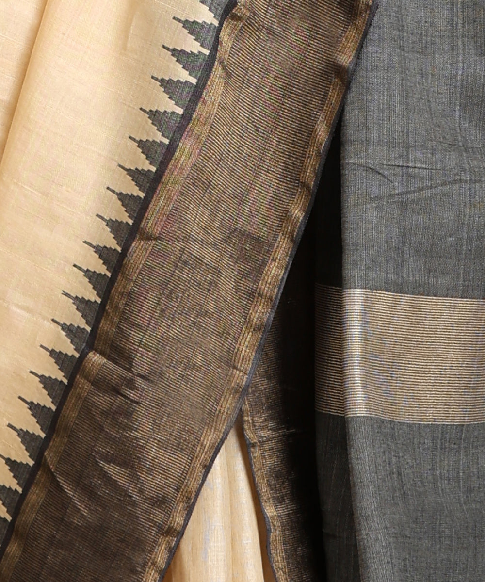 Handloom_Beige_Pure_Kosa_Silk_Saree_With_Grey_Temple_Border_WeaverStory_04