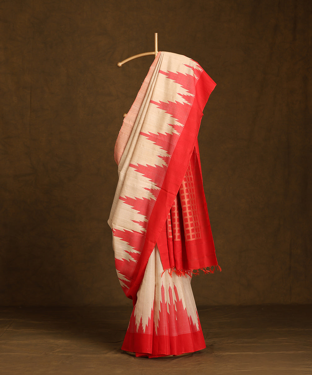 Cream_Handloom_Pure_Kosa_Silk_Saree_With_Red_Temple_Border_WeaverStory_01