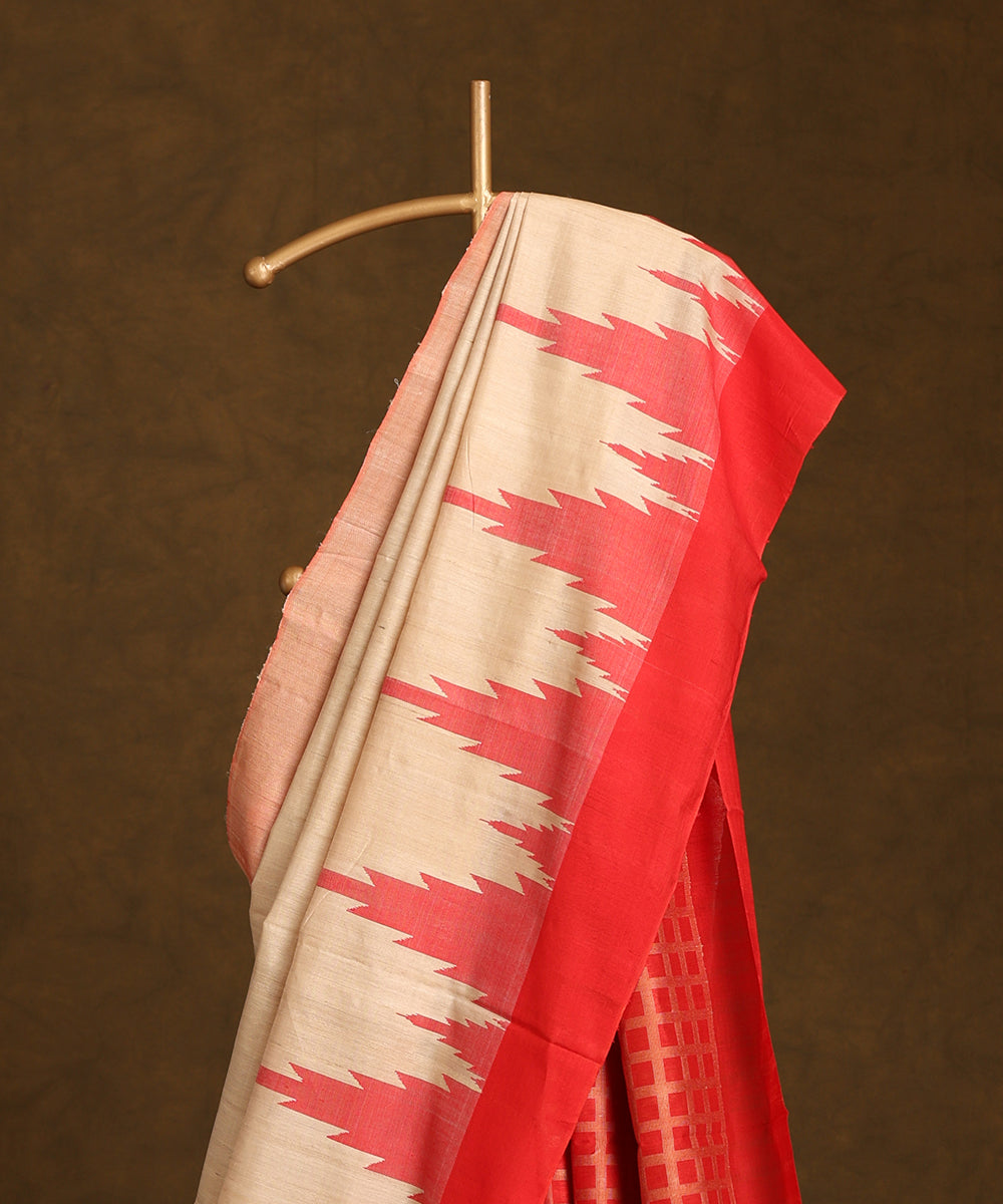 Cream_Handloom_Pure_Kosa_Silk_Saree_With_Red_Temple_Border_WeaverStory_02