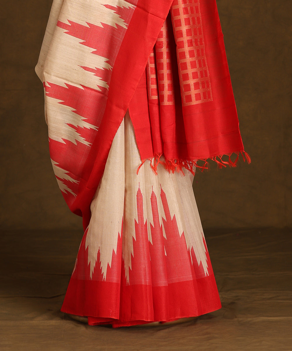 Cream_Handloom_Pure_Kosa_Silk_Saree_With_Red_Temple_Border_WeaverStory_03