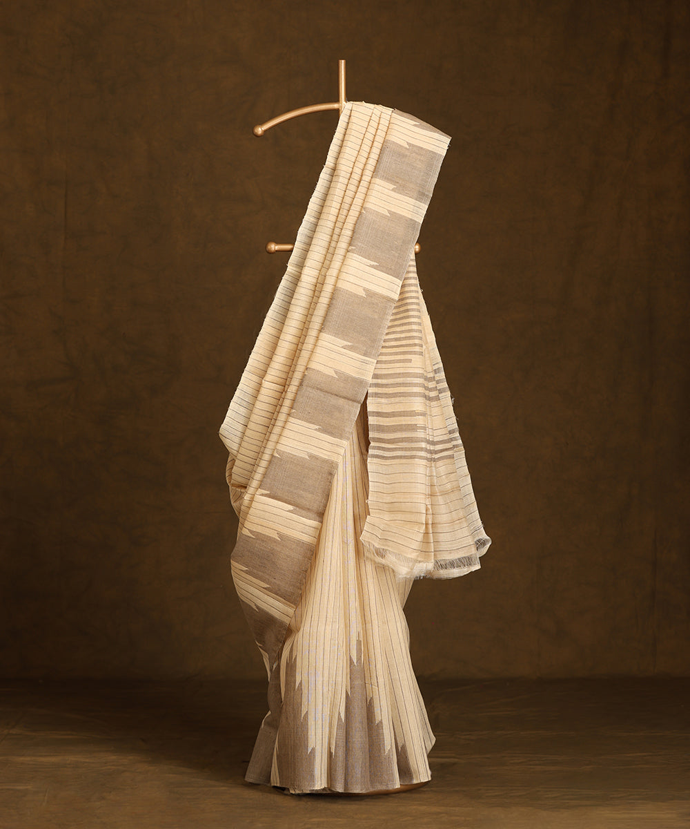 Beige_Handloom_Pure_Kosa_Silk_Saree_With_Temple_Border_WeaverStory_01