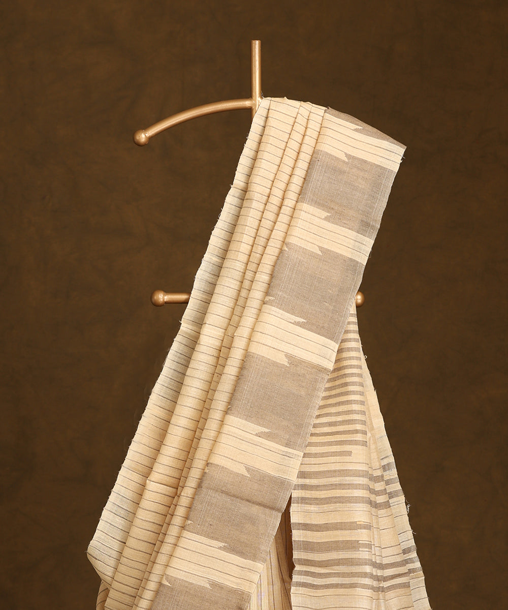 Beige_Handloom_Pure_Kosa_Silk_Saree_With_Temple_Border_WeaverStory_02