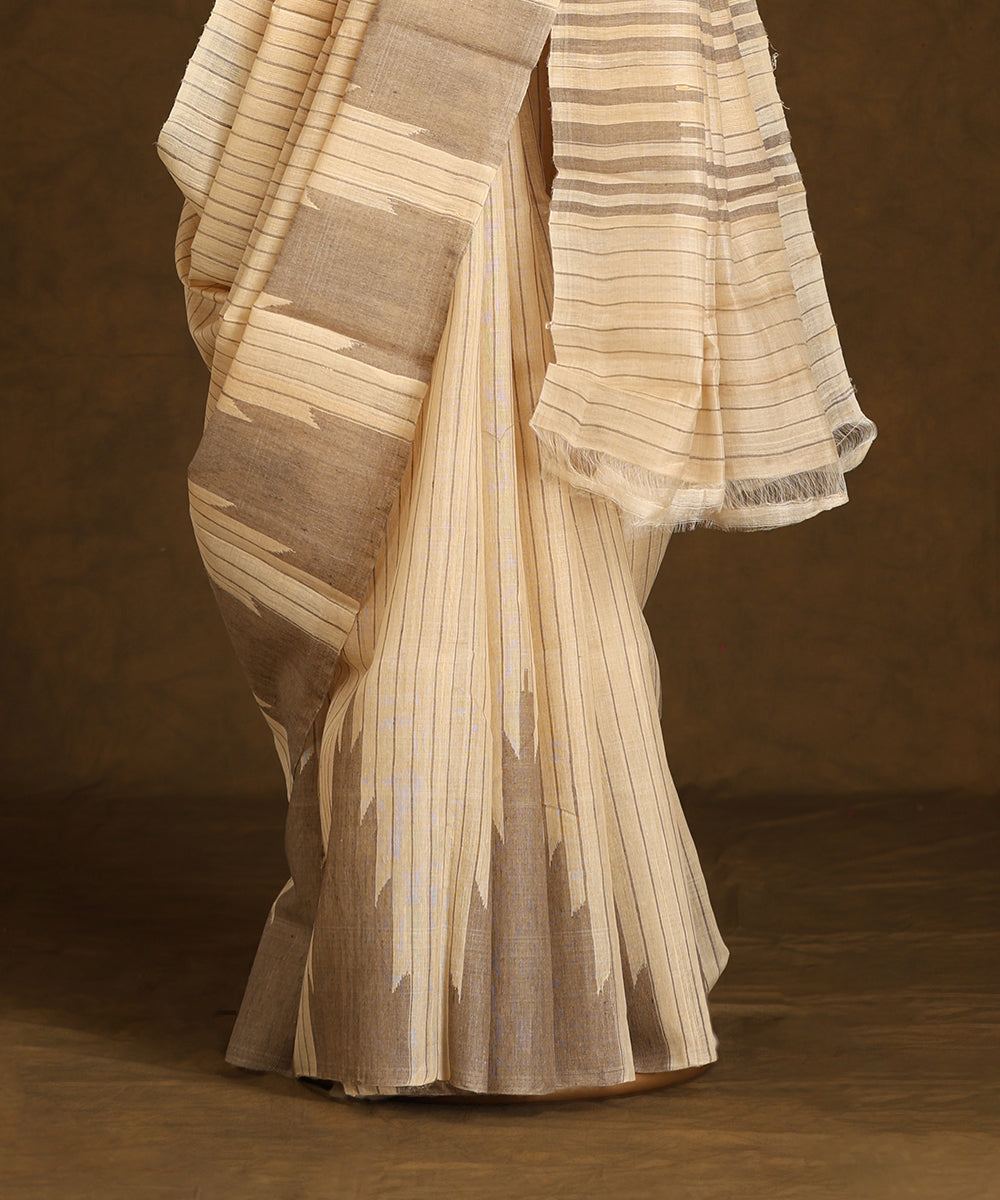 Beige_Handloom_Pure_Kosa_Silk_Saree_With_Temple_Border_WeaverStory_03