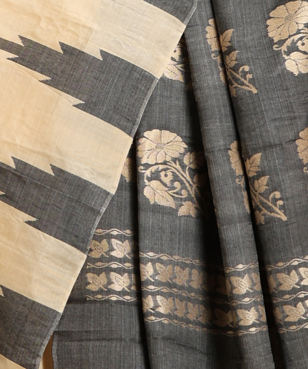 Handloom_Beige_Pure_Kosa_Silk_Saree_With_Grey_Temple_Border_And_Floral_Pallu_WeaverStory_04