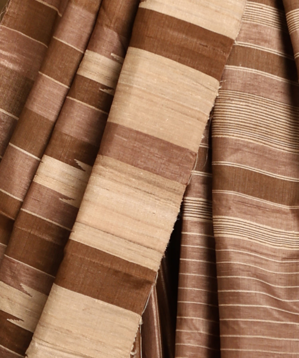 Brown_And_Beige_Handloom_Pure_Kosa_Silk_Striped_Saree_WeaverStory_04