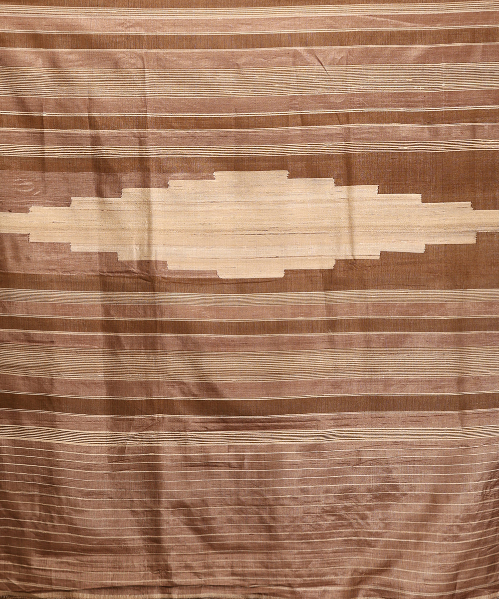 Brown_And_Beige_Handloom_Pure_Kosa_Silk_Striped_Saree_WeaverStory_05