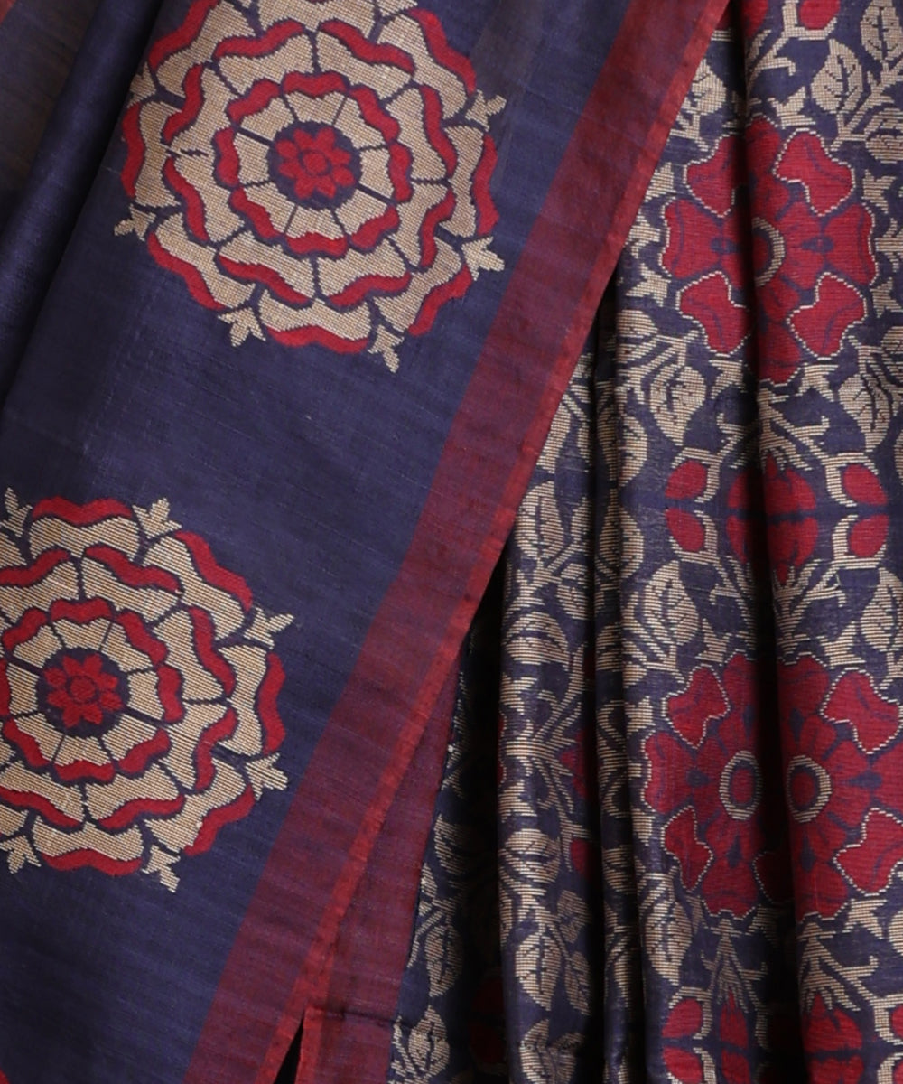 Navy_Blue_Handloom_Pure_Kosa_Silk_Saree_With_Floral_Border_And_Palla_WeaverStory_04