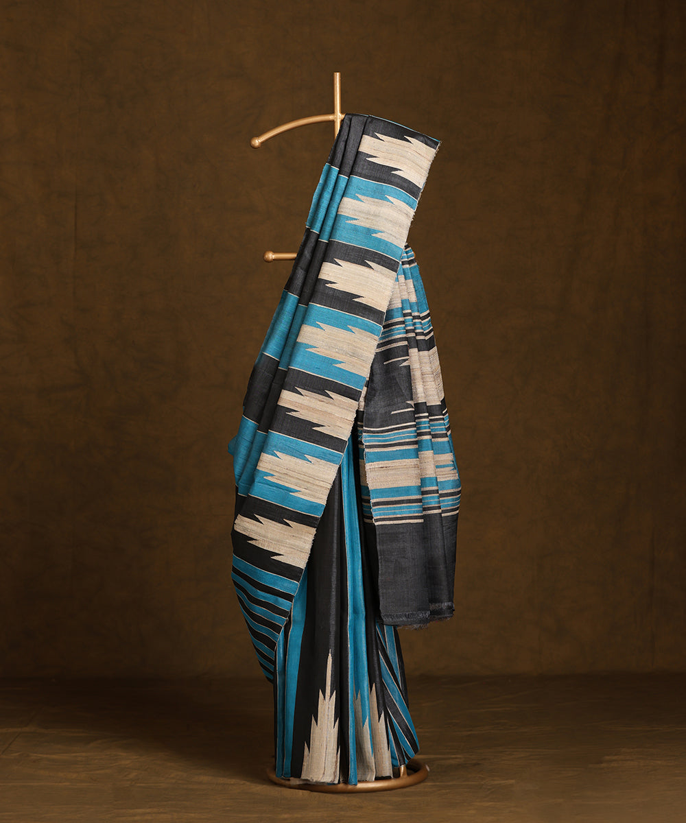 Blue_And_Black_Handloom_Pure_Kosa_Silk_Striped_Saree_With_Temple_Border_WeaverStory_01
