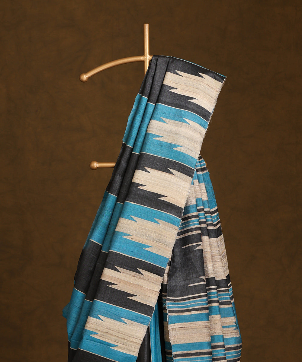 Blue_And_Black_Handloom_Pure_Kosa_Silk_Striped_Saree_With_Temple_Border_WeaverStory_02