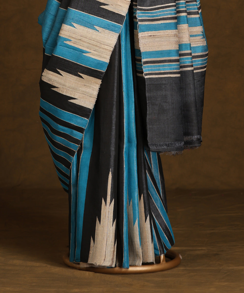 Blue_And_Black_Handloom_Pure_Kosa_Silk_Striped_Saree_With_Temple_Border_WeaverStory_03