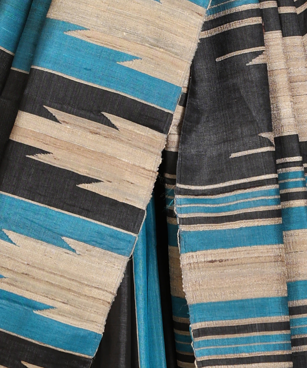 Blue_And_Black_Handloom_Pure_Kosa_Silk_Striped_Saree_With_Temple_Border_WeaverStory_04