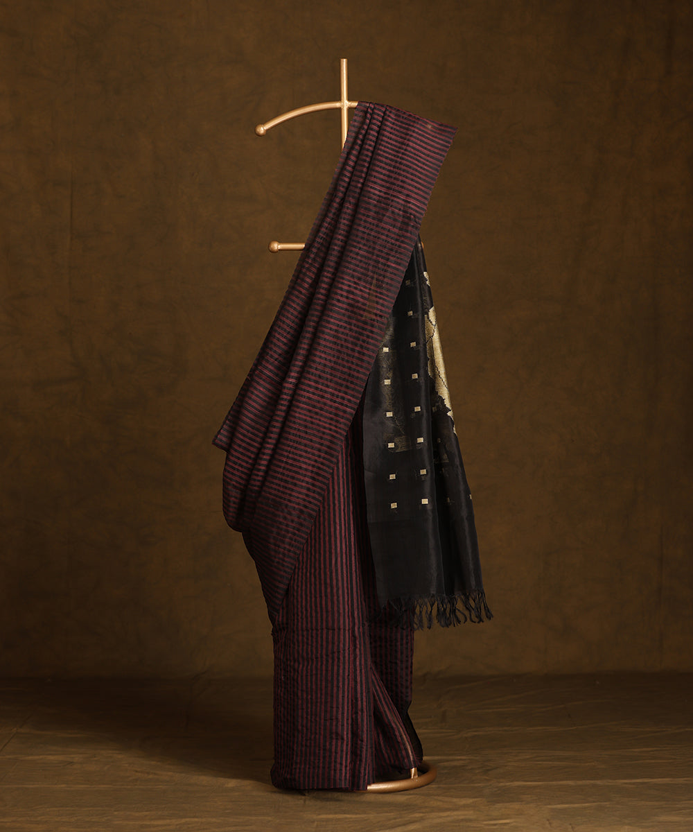 Black_And_Wine_Handloom_Pure_Kosa_Silk_Striped_Saree_WeaverStory_01