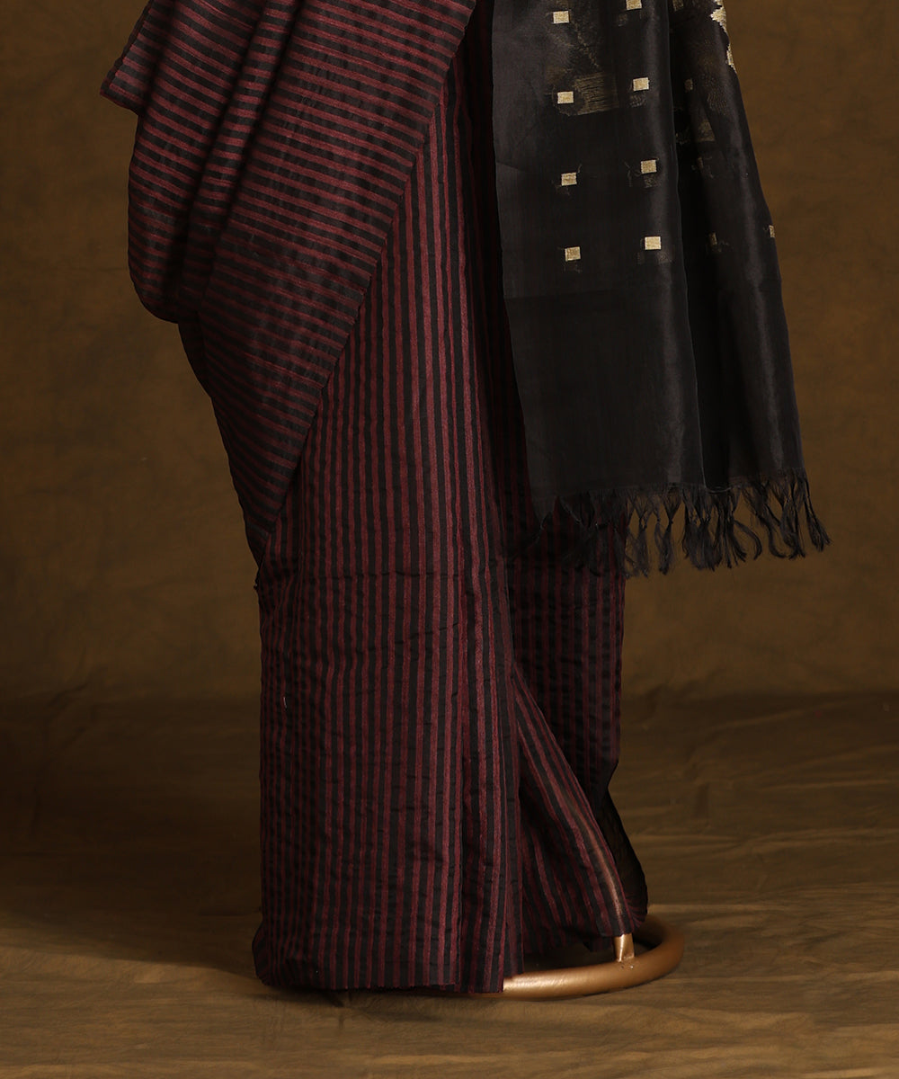 Black_And_Wine_Handloom_Pure_Kosa_Silk_Striped_Saree_WeaverStory_03
