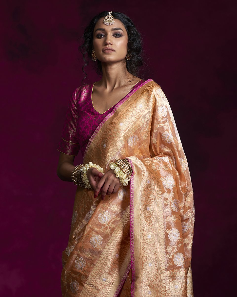 Saffron_Jangla_Handloom_Tissue_Banarasi_Saree_with_Gold_Border_WeaverStory_01