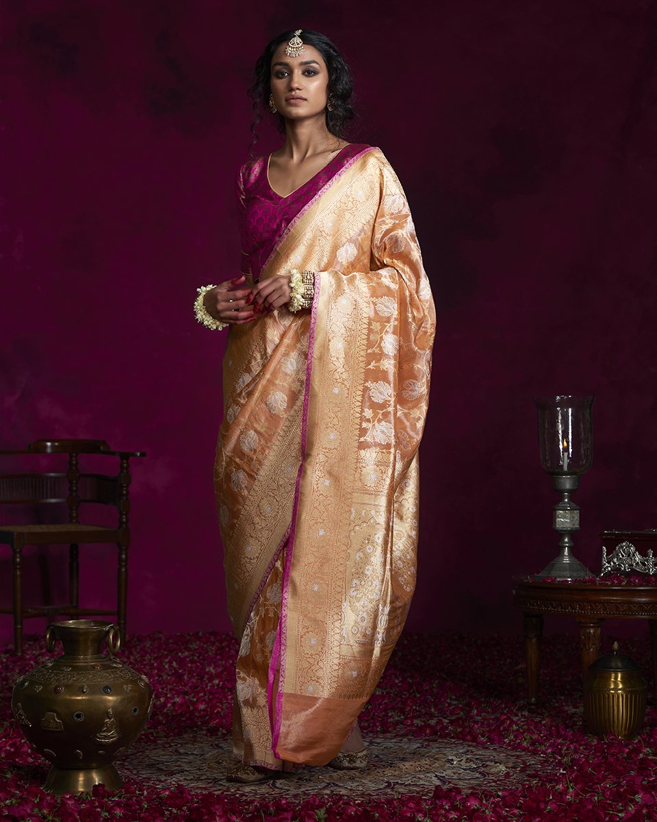 Saffron_Jangla_Handloom_Tissue_Banarasi_Saree_with_Gold_Border_WeaverStory_02