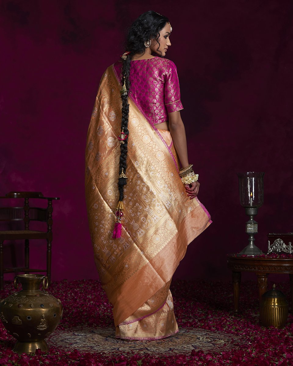 Saffron_Jangla_Handloom_Tissue_Banarasi_Saree_with_Gold_Border_WeaverStory_03