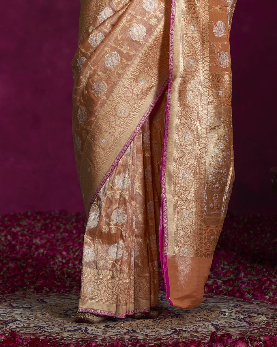 Saffron_Jangla_Handloom_Tissue_Banarasi_Saree_with_Gold_Border_WeaverStory_04