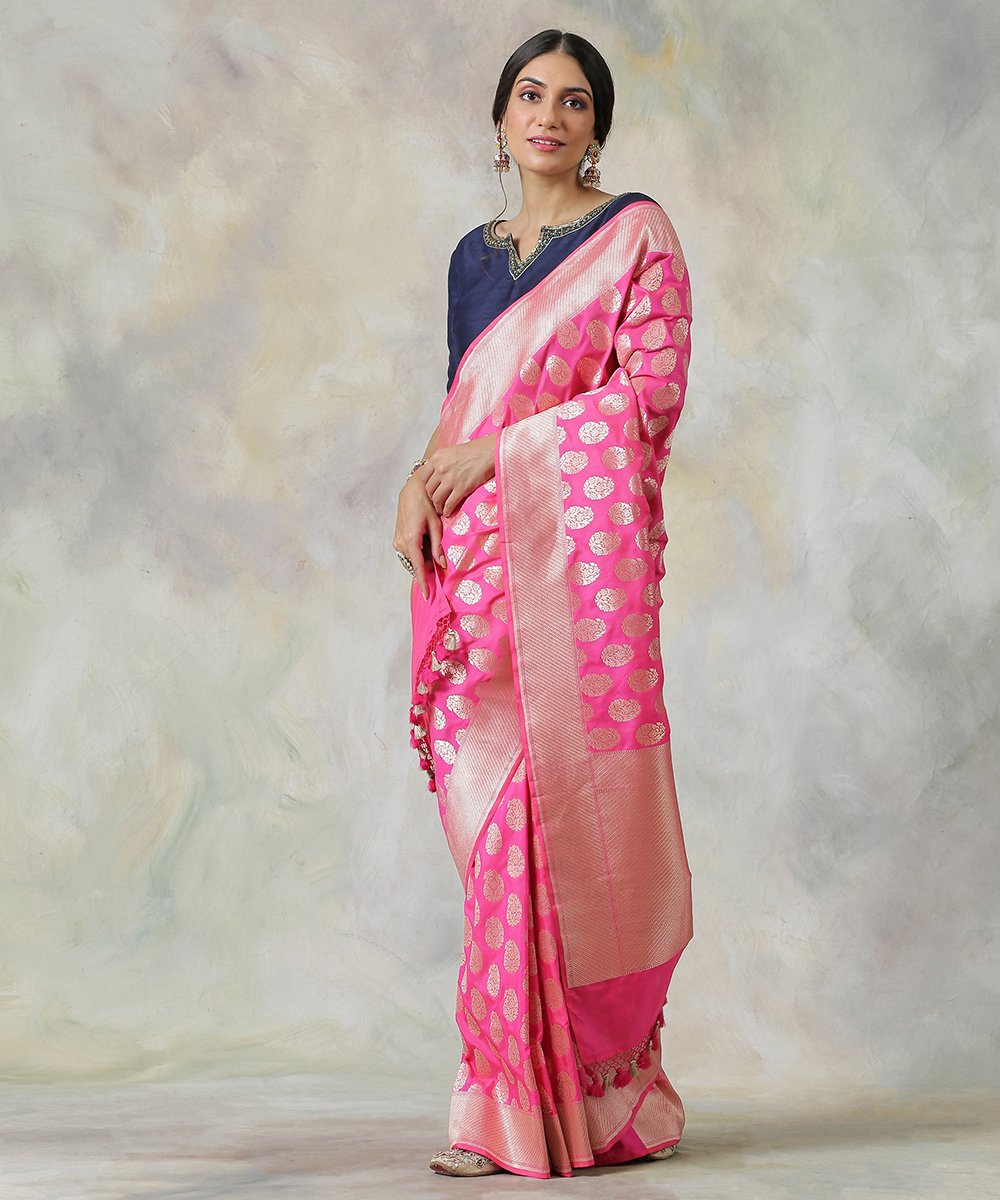 Shocking_Pink_Handloom_Banarasi_Saree_With_All_Over_Zari_Booti_Design_WeaverStory_02