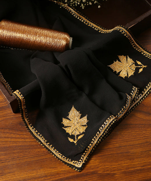 Black Pure Silk Kashmiri Tilla Hand Embroidered Dupatta With Konia