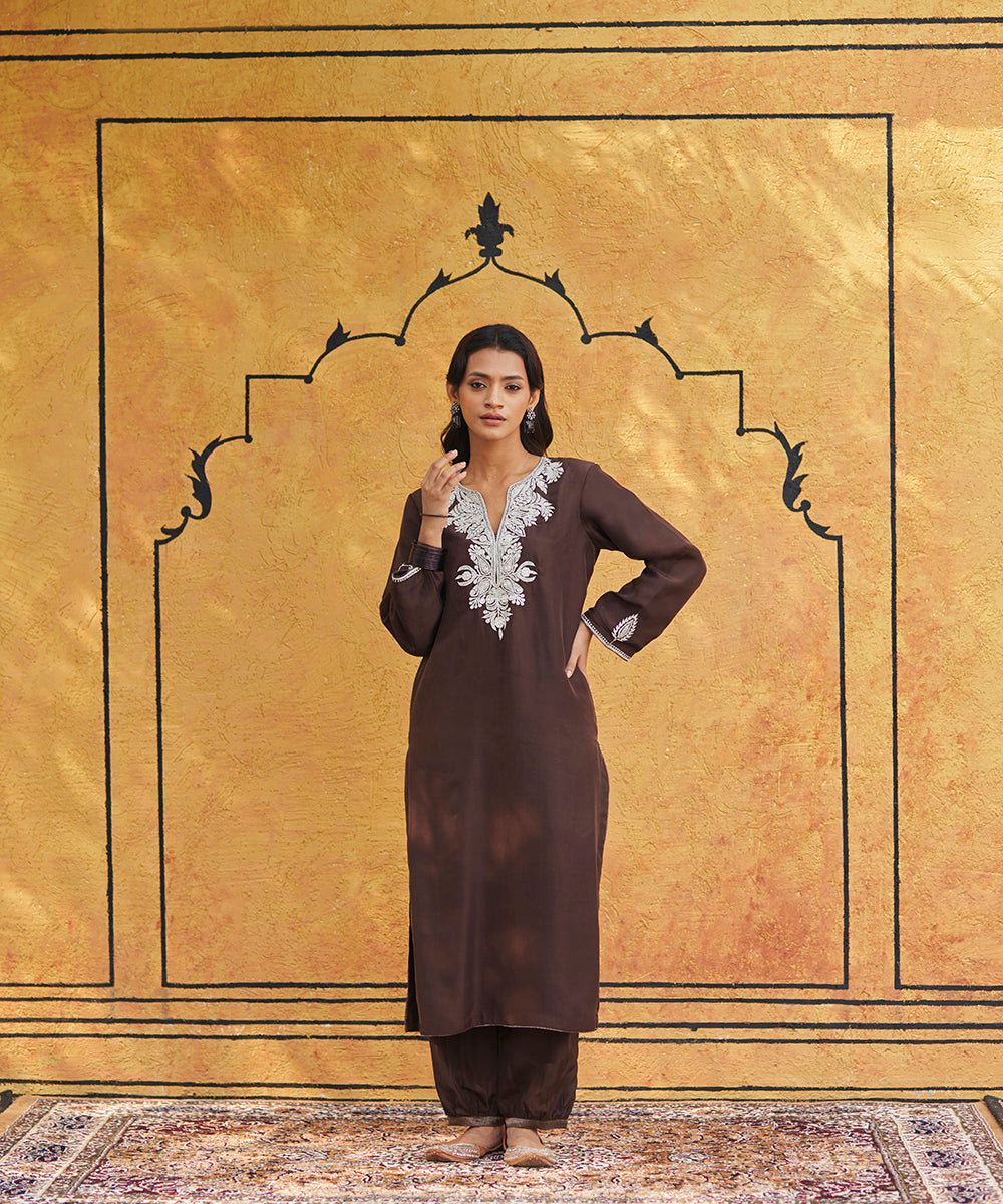 Dark_Brown_Pure_Silk_Tilla_Hand_Embroidered_Suit_With_Pants_And_Dupatta_WeaverStory_03