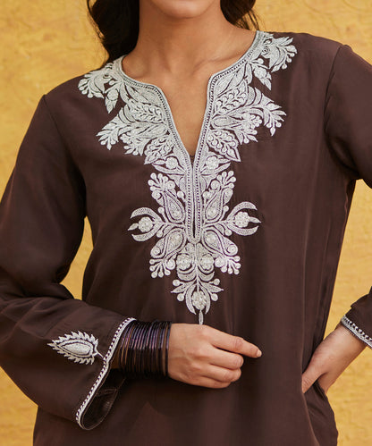 Dark_Brown_Pure_Silk_Tilla_Hand_Embroidered_Suit_With_Pants_And_Dupatta_WeaverStory_06