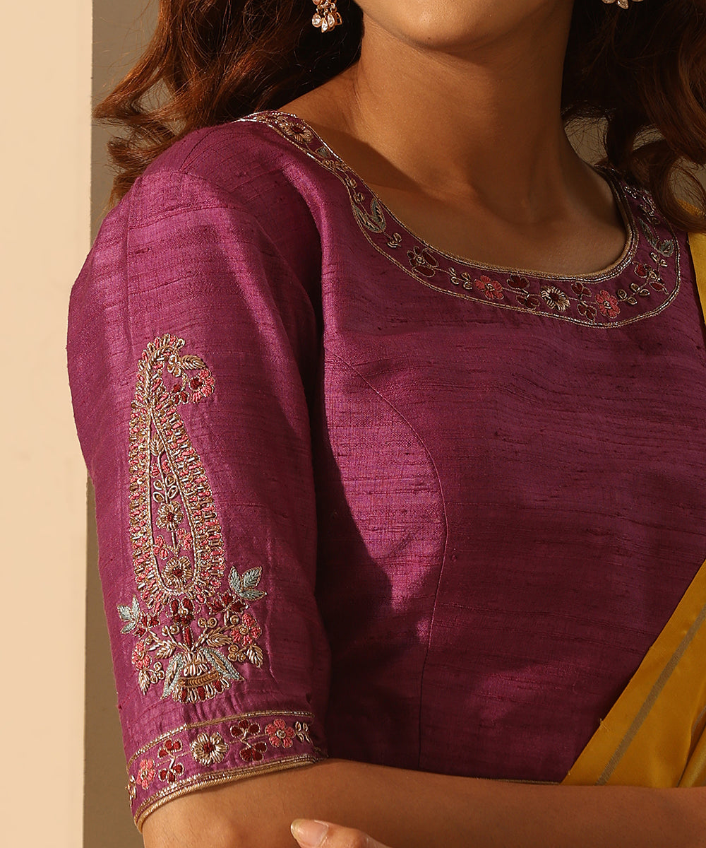 Purple_Raw_Silk_Blouse_With_Resham_And_Zardozi_Work_WeaverStory_04