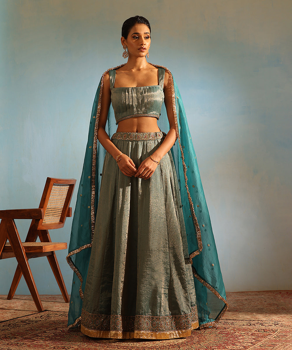Blue Hand Embroidered Tissue Silk Zardozi Lehenga Set With Organza Dupatta Stitched