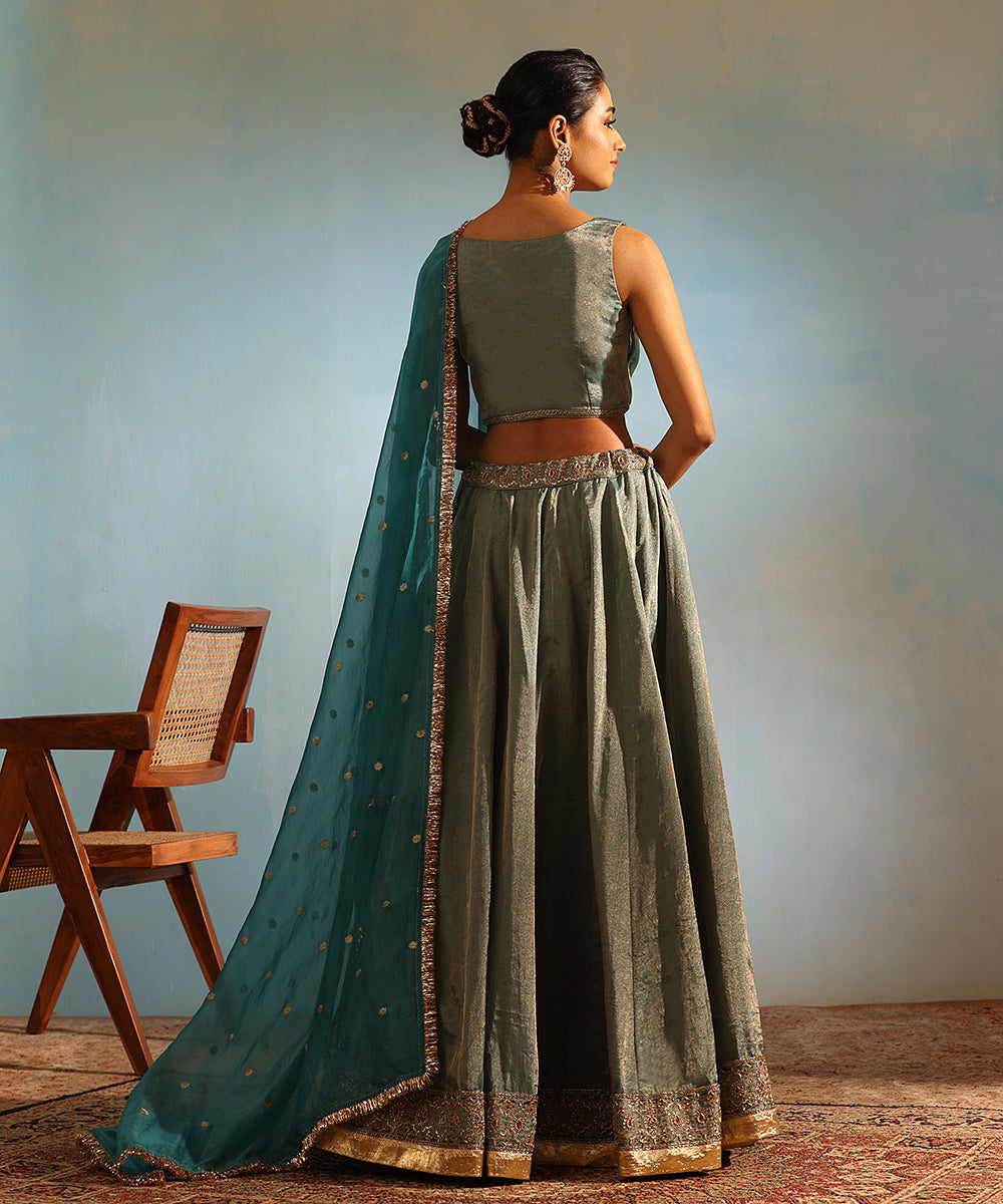 Blue Hand Embroidered Tissue Silk Zardozi Lehenga Set With Organza Dupatta Stitched