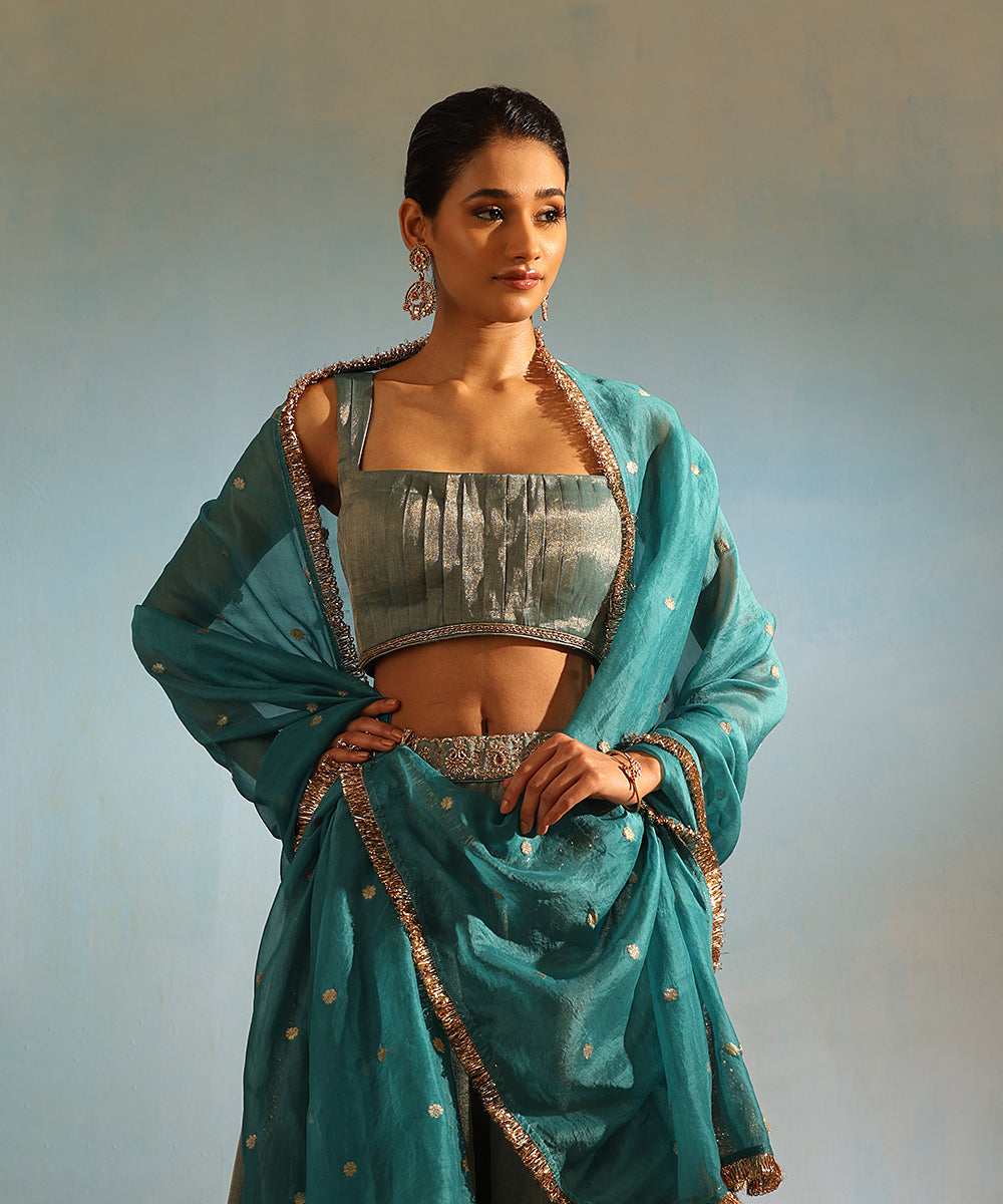 Blue Hand Embroidered Tissue Silk Zardozi Lehenga Set With Organza Dupatta Stitched