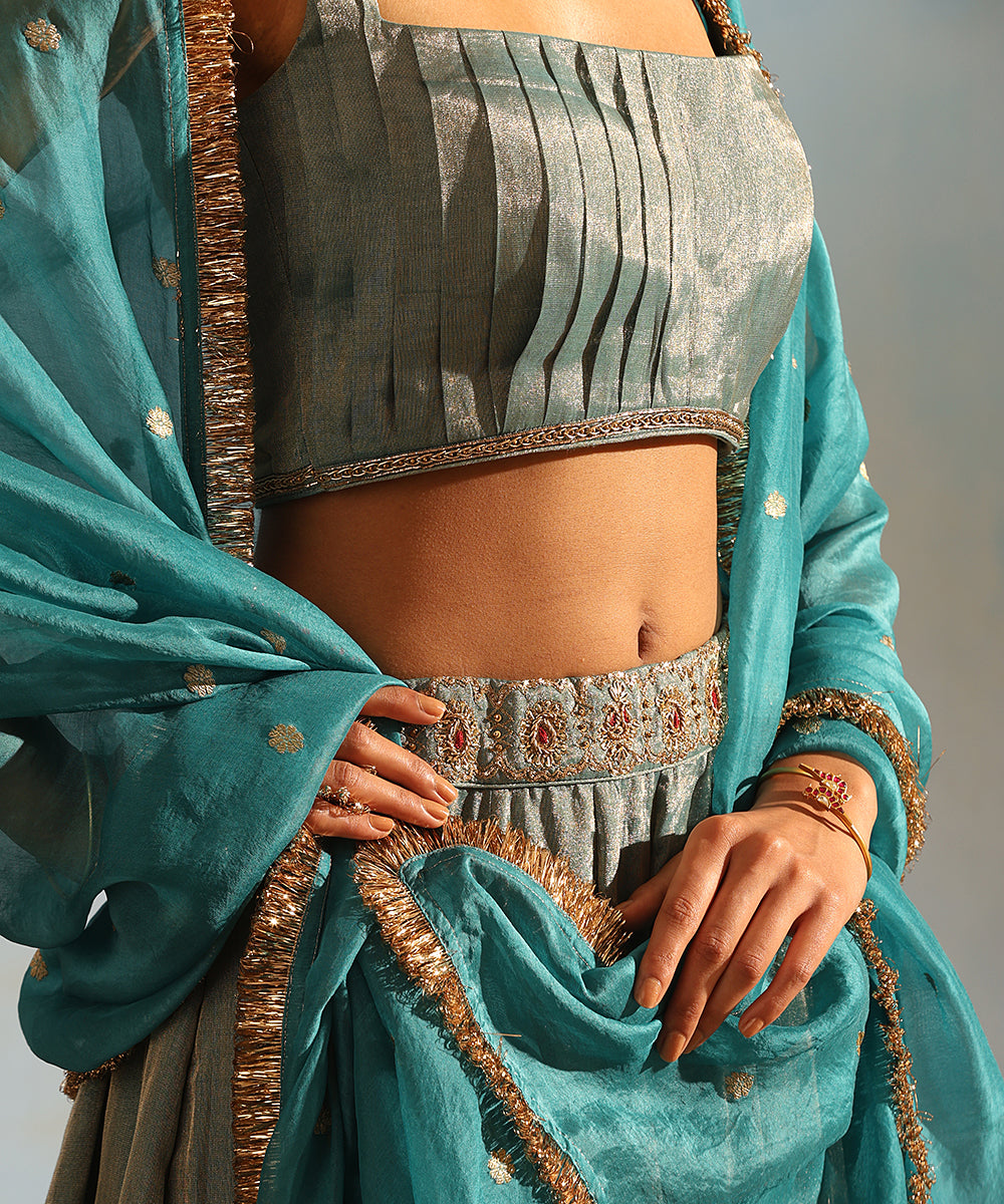 Blue Hand Embroidered Tissue Silk Zardozi Lehenga Set With Organza Dupatta Stitched