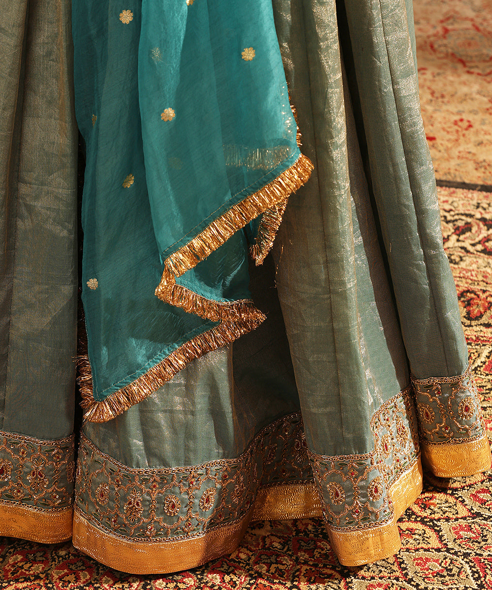 Blue Hand Embroidered Tissue Silk Zardozi Lehenga Set With Organza Dupatta Stitched