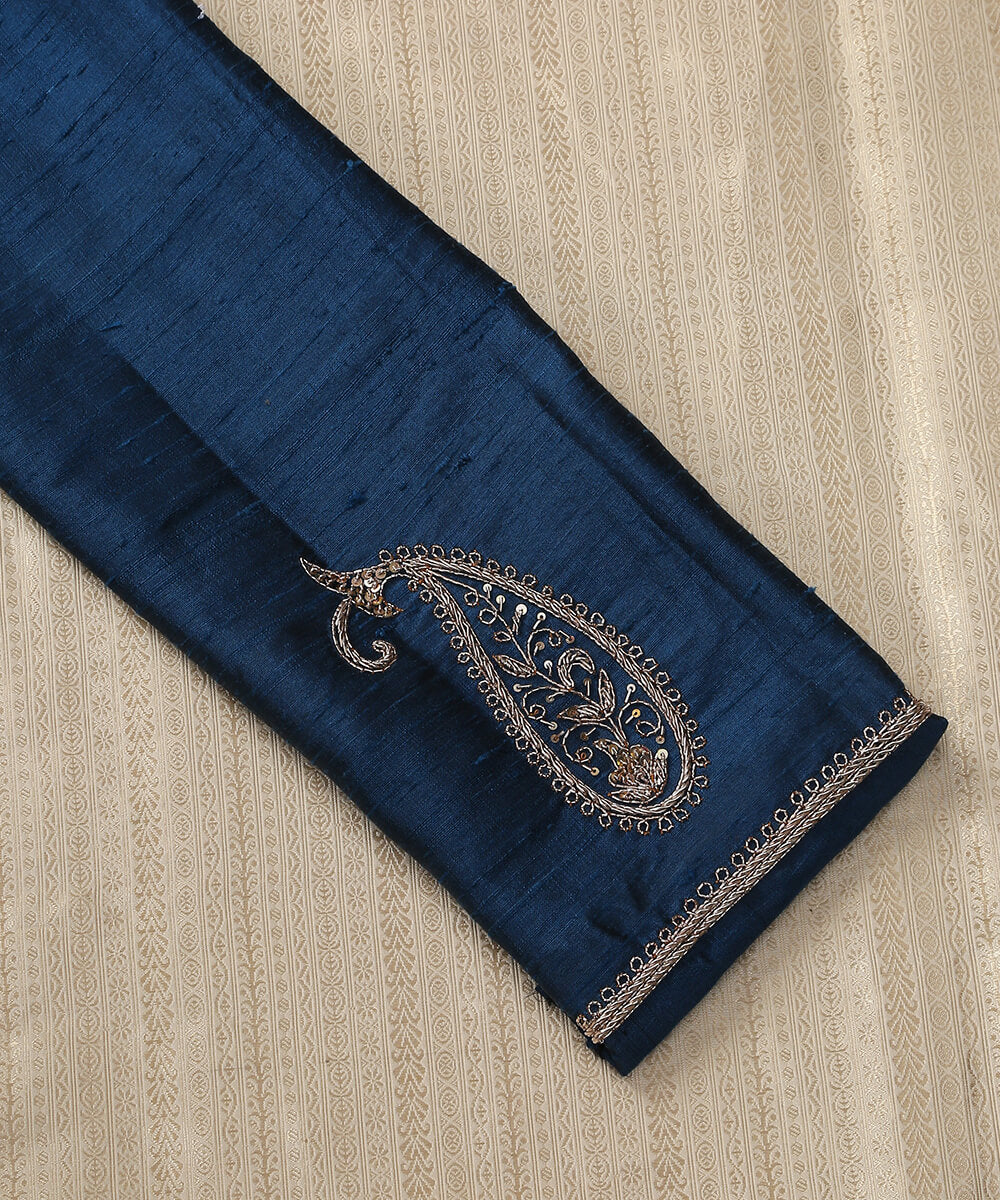 Teal_Raw_Silk_Hand_Embroidered_Blouse_With_Paisleys_on_the_Sleeves_WeaverStory_03